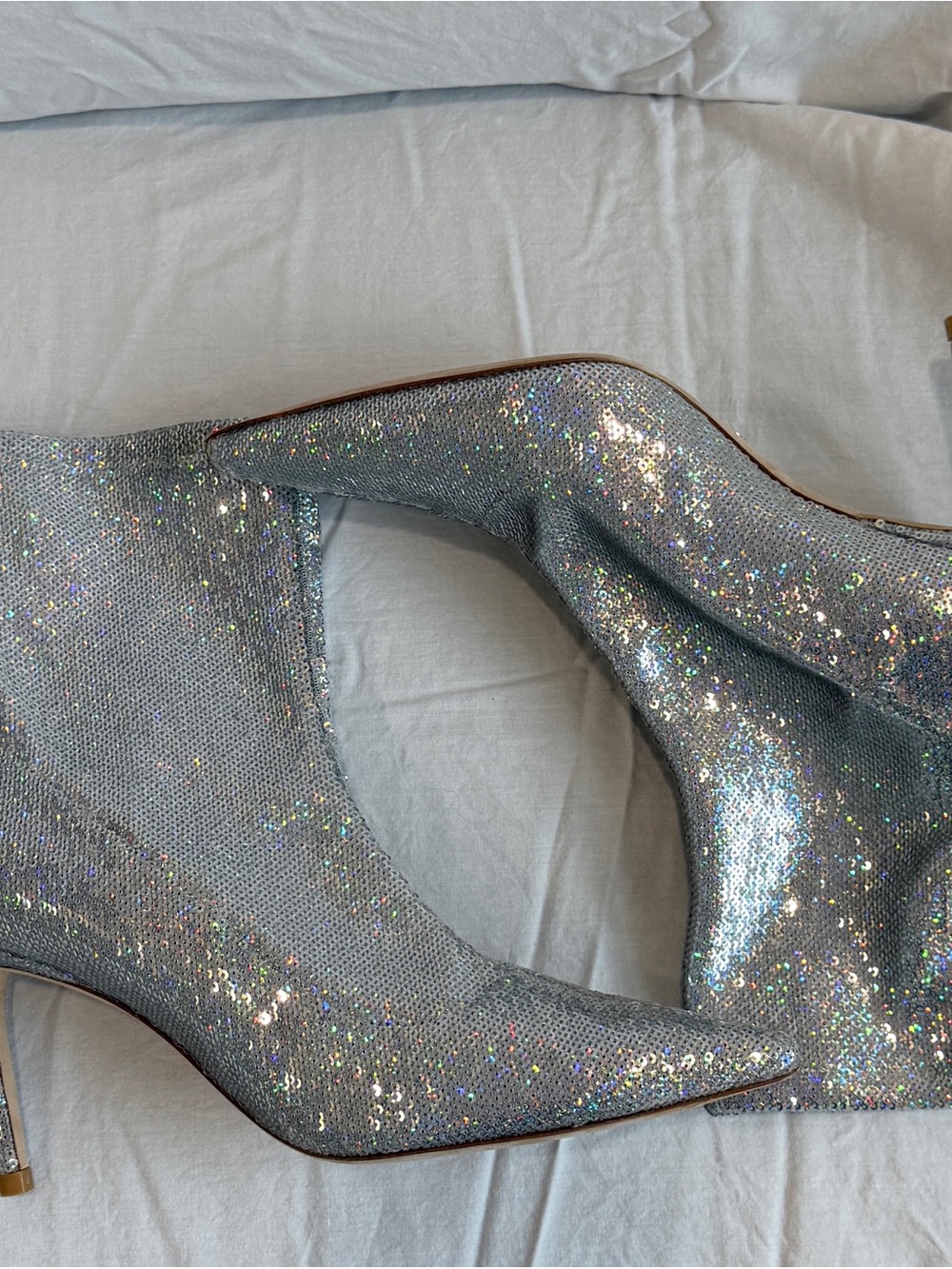 Stuart Weitzman Silver Sequin Ankle Bootie Pointed Toe Stiletto Slide-on US 9